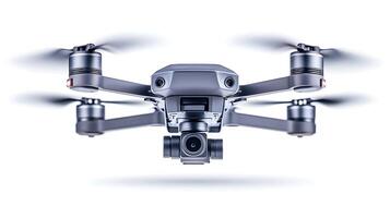 A sleek drone with four propellers and a camera, hovering in a bright, white space photo