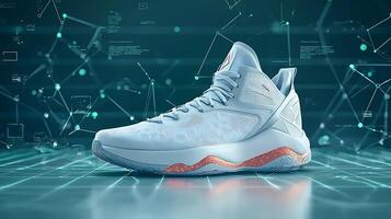 Sleek basketball shoe showcased against a futuristic digital backdrop with geometric patterns photo