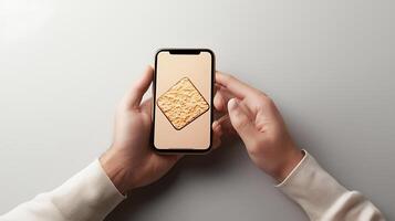 Person holding a smartphone displaying a textured cracker against a minimalist background photo