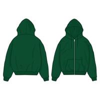 zip up Hoodie template illustration. front and back view. oversized. drop shoulder. unisex. green color. vector