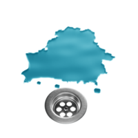 Water shaped of Belarus Map on a stainless steel surface draining into a drain 3d illustration png