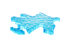 A 3D illustration of water forming an icy map of Azerbaijan, highlighting global warming as melting glaciers flow into deep blue water. png