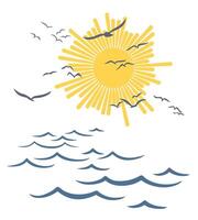 Sun dawn in the sea with flight of birds. vector