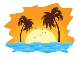Sun dawn in the sea with palm trees and birds. vector