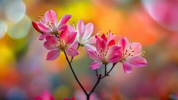 Pink flowers on a branch with a blurred background photo