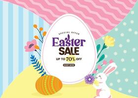 Easter Sale Banner Illustration with a cute rabbit, decorated Easter eggs, and a colorful spring meadow filled with vibrant flowers, creating a festive and cheerful design vector