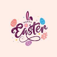 Easter greeting card with eggs, printable Happy Easter banner, convention poster, and vibrant backdrop with colorful eggs, bunny ears, and cute Happy Easter calligraphy lettering. vector