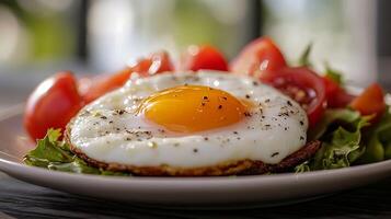 an egg on a plate with tomatoes and lettuce photo