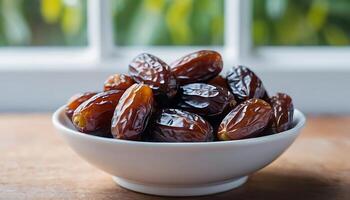Dates in a bowl on a table photo