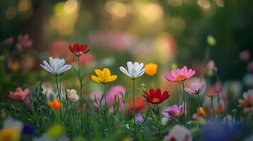 Colorful flowers in a field with a blurry background, flowers image photo