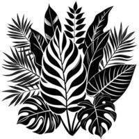A black and white drawing of a jungle with many different types of leaves. tropical leave and plant vector