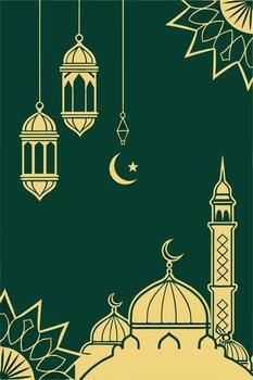 Ramadan Kareem Concept Background, surrounded by Islamic patterns and lanterns hanging from the top of it vector