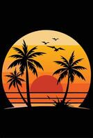 palm trees silhouette with sunset and flying birds vector