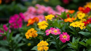 Many different colored flowers are in a garden photo