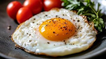 An egg on a plate with tomatoes and herbs photo