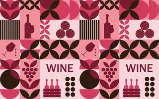 Seamless mosaic pattern on the theme of red wine with traditional icons. Trendy pattern, poster for wine, for wine menu, packaging. illustration vector