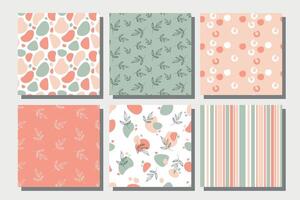 Set of abstract seamless patterns in pastel colors with circles, stripes, leaves. Ideal for printing on fabric, wrapping paper. illustration. vector
