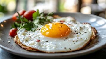 An egg on a plate with tomatoes and herbs photo