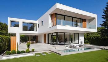Modern house design with large pool and large windows photo