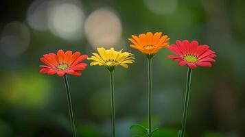 Four colorful flowers are standing in front of a green background photo