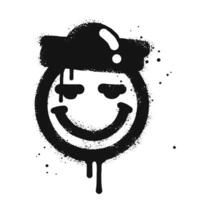 smiling face emoji character with hat. Spray painted graffiti smiling face in black over white. isolated on white background vector