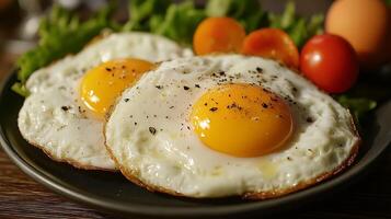 Two fried eggs on a plate with lettuce and tomatoes photo