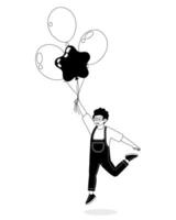 Child joyfully holds colorful balloons while balancing on one foot in a playful setting vector