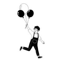 Young child joyfully running while holding black and white balloons in a playful setting vector