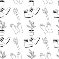 Illustration of gardening tools, plants, and boots in a repetitive pattern design vector