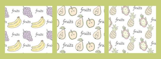 Colorful fruit patterns featuring bananas, grapes, pears, and pineapples on white background vector