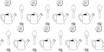 Gardening tools and watering cans pattern in a minimalist black and white design vector