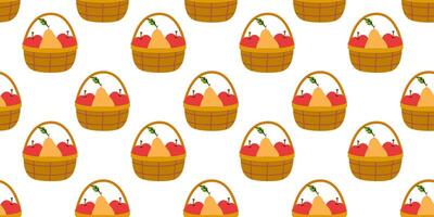 Pattern of baskets filled with apples and pears on a white background showcasing seasonal fruits vector