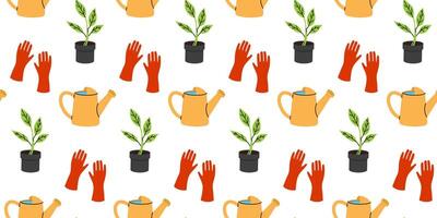 Gardening tools and plants create a vibrant pattern for home decor vector