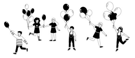 Children enjoying a sunny day while playing with black and white balloons in a park vector
