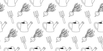Pattern featuring gardening tools and vegetables in a minimalist design for creative projects vector