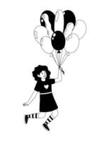 Girl happily holds colorful balloons while jumping in the air in a cheerful atmosphere vector