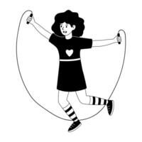 Girl jumping rope in a playful mood with a happy expression outdoors vector