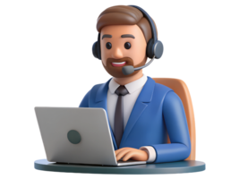 3D Cartoon Customer Service Representative with Headset and Blue Suit in Office Setting on Transparent Background png