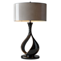 Elegant Table Lamp with Curved Black Glossy Base and Large Gray Fabric Drum Shade png