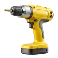 Realistic Yellow Cordless Power Drill with Black Accents and Silver Chuck 3D Render on Transparent Background png