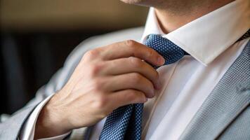 man in gray suit adjusts his blue silk tie, preparing for important meeting. focus is on hand and tie, highlighting attention to detail and professionalism photo