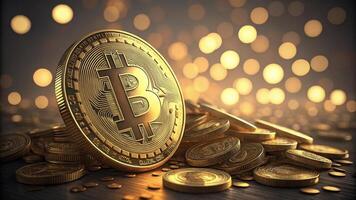 close up of golden bitcoin coin standing tall among scattered coins, with bokeh background creating warm, glowing effect photo