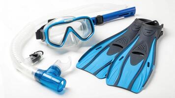 set of blue and black snorkeling gear including mask, snorkel, and fins, ideal for underwater exploration. equipment is arranged on white background, showcasing its sleek design and functionality photo