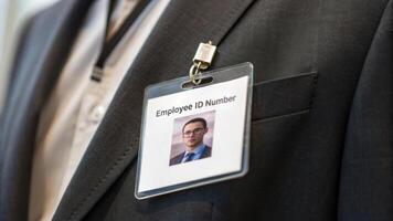 employee ID badge clipped onto formal suit jacket, displaying photo and ID number, represents professional identification in corporate setting