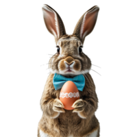 A brown rabbit with a bow tie holding an egg png