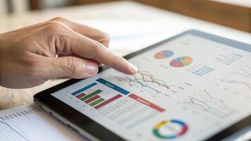 hand taps on tablet screen displaying various business graphs and charts, indicating data analysis and financial review. image conveys sense of technology and modern business practices photo