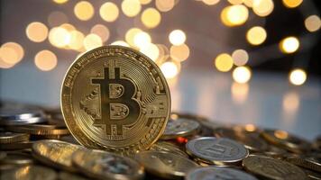 close up of golden coin with prominent B symbol stands tall among other coins, with blurred background of warm lights creating festive atmosphere photo