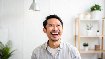 man in striped shirt is laughing joyfully in bright room with plants and shelves photo
