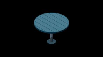 Isometric round table animation. Wooden round table. Isometric furniture. Motion graphic. Transparent background with alpha channel video