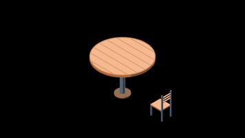 Isometric round table with chairs animation. Wooden round table. Isometric furniture. Motion graphic. Transparent background with alpha channel video
